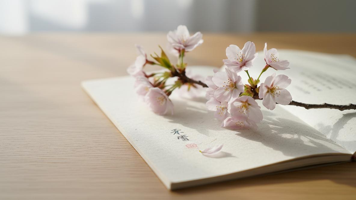 A single branch of pale pink cherry blossoms rests diagonally across a handmade washi paper notebook, its fibers subtly visible, on a smooth, light oak tabletop. One delicate petal has fallen onto an open page where faint, blurred ink strokes suggest the shape of a haiku without being legible. Soft morning light enters from the left, creating gentle highlights on the petals’ translucent edges and casting refined shadows of the branch. Photographic realism, minimalist composition using the rule of thirds, with a shallow depth of field that blurs a background of neutral tones. The mood is serene, contemplative, and sophisticated, evoking poetry as a daily ritual of quiet well-being.